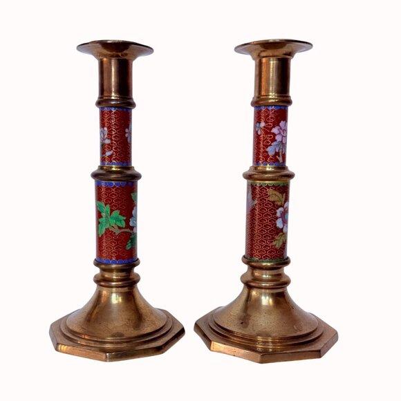Cloisonne Brass Candlestick Holders Floral Bird Set Of 2 VTG Eclectic Home Decor - Picture 4 of 15